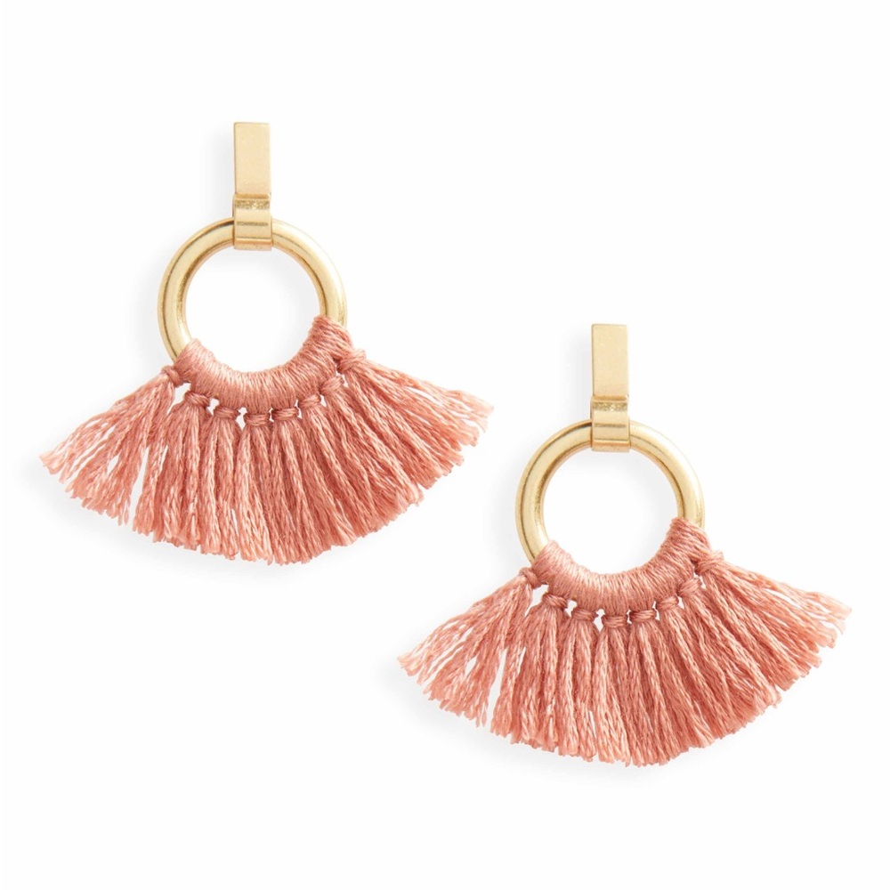 Madewell Raffia Hand-Tied Fringe Tassel Hoop Earrings in Gold-Plated Brass/Pink